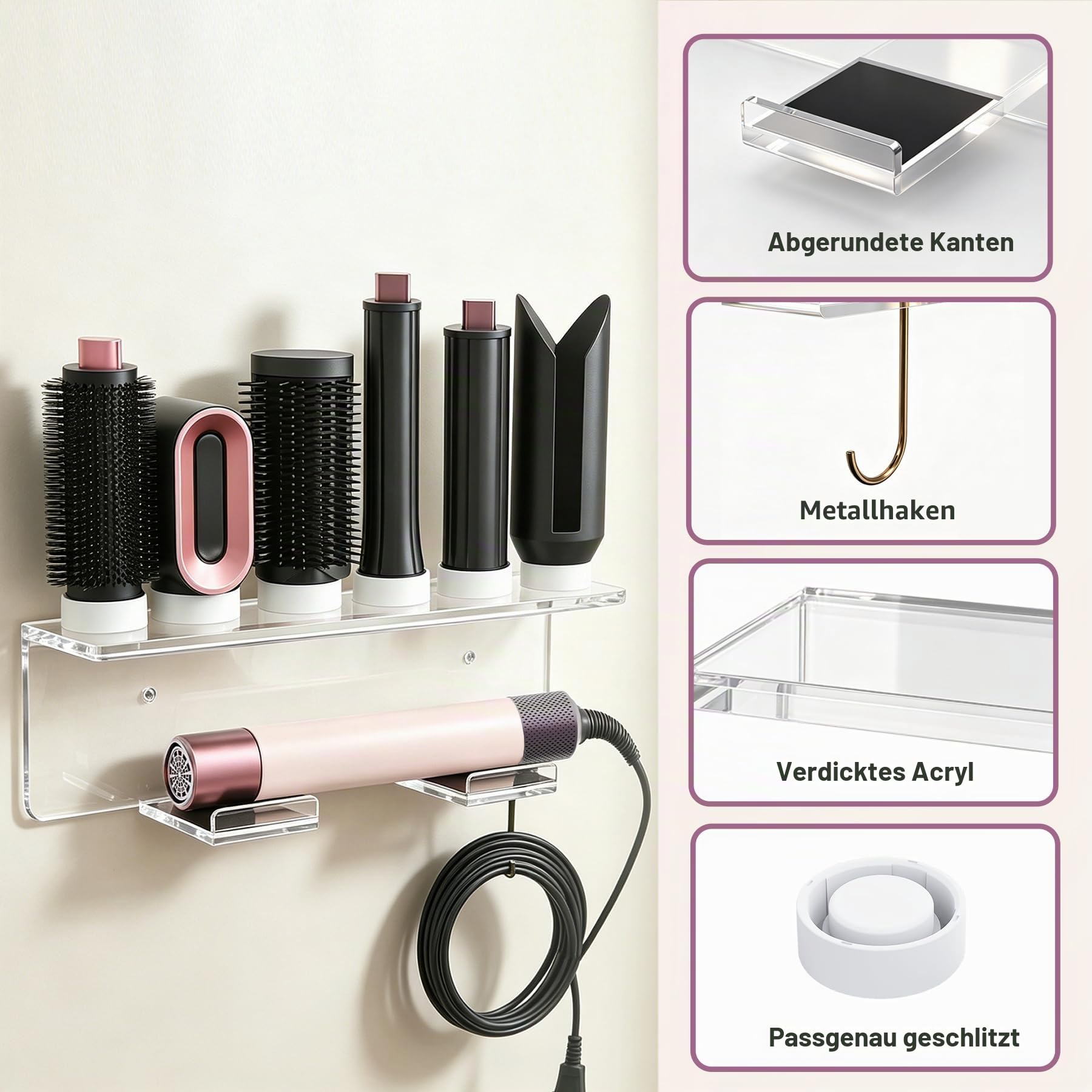 Affogato Wandhalterung, passend für sämtliche Dyson Airwrap Styler Zubehörteile. Verbesserte Acryl-Aufbewahrungsregal mit 6 Löchern, ideal für das Badezimmer