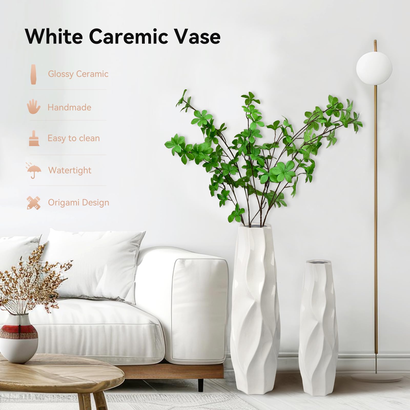 71 Cm Hohe Keramik-Bodenvase Weiß – Große Deko-Vase Für Pampasgras, Blumen, Wohnzimmer