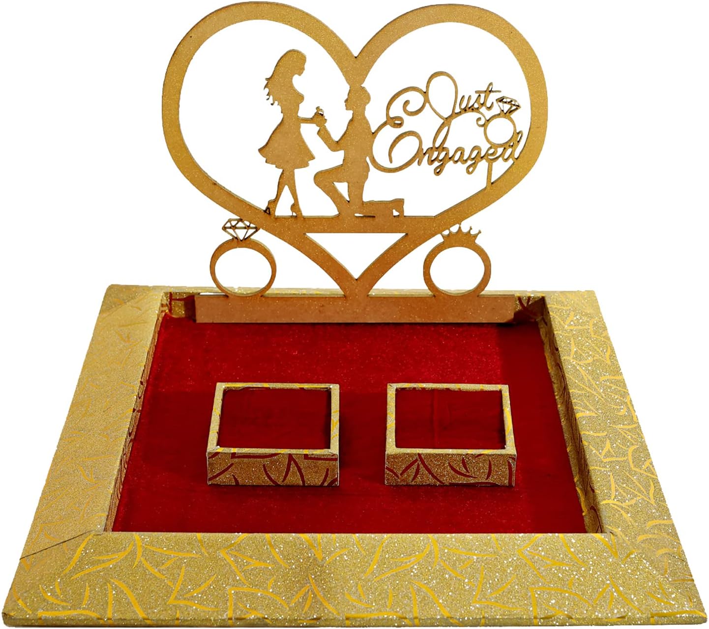 THE BRIDE MADE Wood Engagement Ring Platter 2 Ring Box Name Just Engaged Decorative Trays Wedding Ceremony Thali Gift Bride Groom Red/Golden (10x10x8 inch)