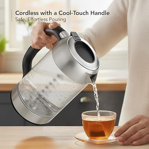 Miniatura 6 de OVENTE Hervidor eléctrico, 1500 W, sin plástico, 1.8 L, caldera de agua caliente para café o té, tapa fácil de llenar, apagado automático, vidrio de