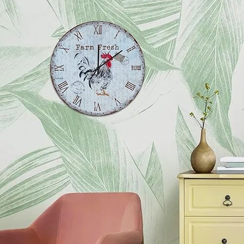 Miniatura 6 de Reloj de pared de madera de pollo campestre de 16 pulgadas, sin sonido de cuarzo, funciona con pilas, estilo vintage, gallo analógico, reloj de