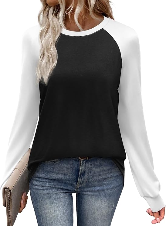 WIHOLL Long Sleeve Shirts for Women Color Block Tops Dressy Casual Y2k Clothes Crew Neck Basic Tees Fall Fashion 2025 S-2XL
