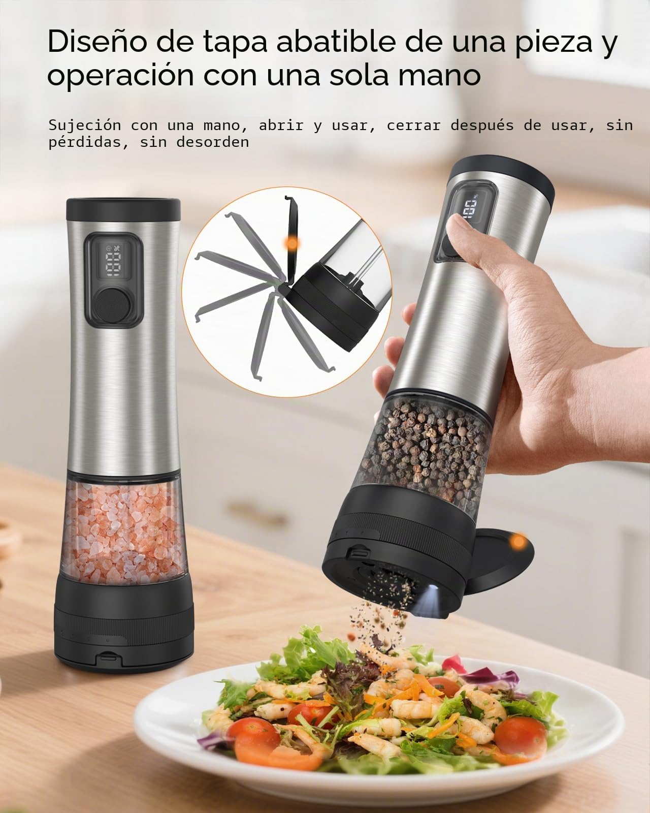 AMOSA Juego de Molinillo Pimienta Electrico de Sal, con 5 Tamaños de Grano & 2 Velocidades Ajustables, Base Recargable con Pantalla de Batería, Saleros de Cocina Automática acero Inoxidable con LED