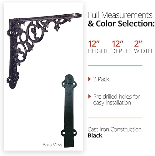 Miniatura 8 de NACH Soportes decorativos para estantes, paquete de 4 unidades de 6 x 1.3 x 6 pulgadas, soporte de estante de hierro fundido negro, soportes de
