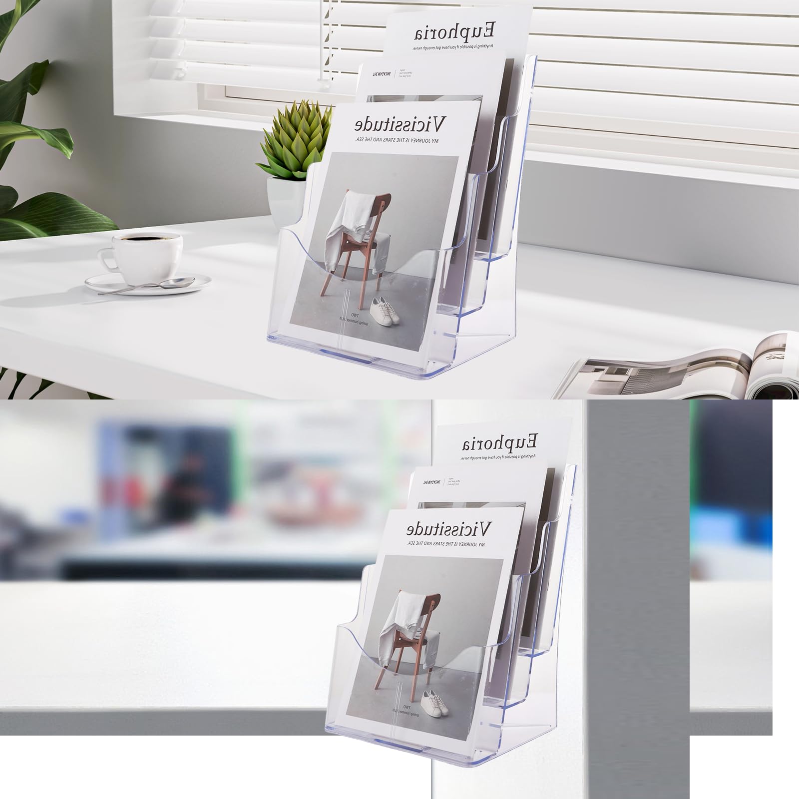 2 supporti per brochure A4, 23,5 x 20 x 34 cm, supporto per opuscoli A4, 3 ripiani, supporto da parete o da scrivania, per letteratura, opuscoli, menu, volantini, riviste