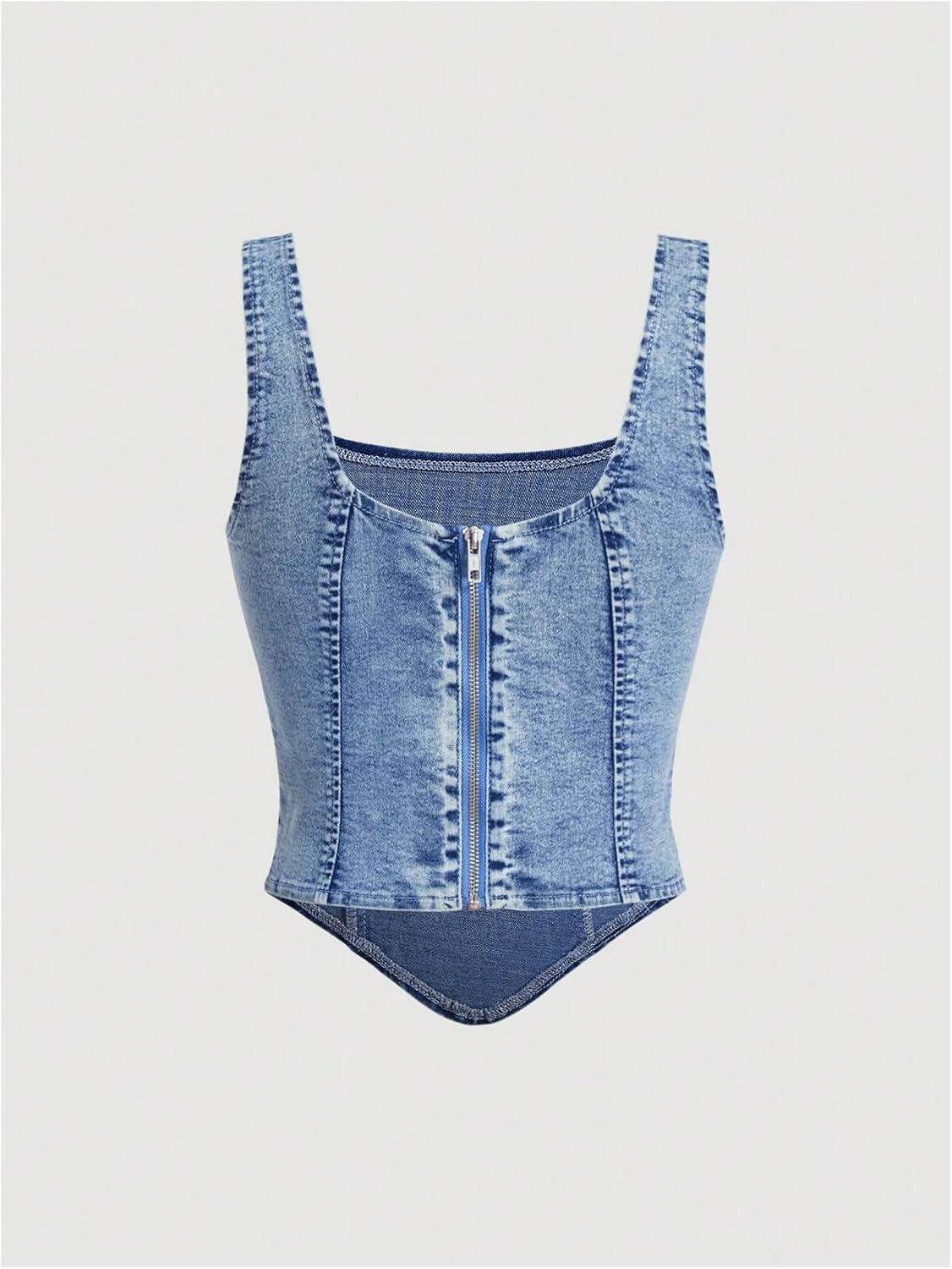 WDIRARA Women's Denim Corset Tank Top Asymmetrical Hem Crop Tops Sleeveless Zip Up Back Tanks - Image 2