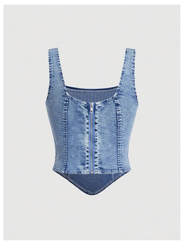 WDIRARA Women's Denim Corset Tank Top Crop Sleeveless Zip Up Back Tops by WDIRARA - Used condition - Image 2