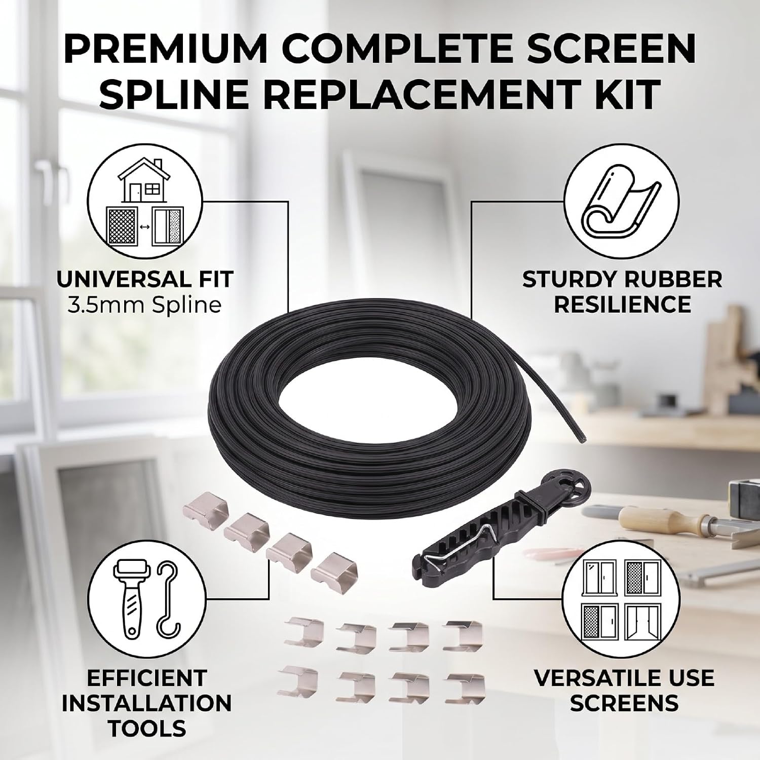 Fafeicy Rubber Screen Spline Replacement Kit 15m Roller Hook for Window Screen Repair DIY Homeowner