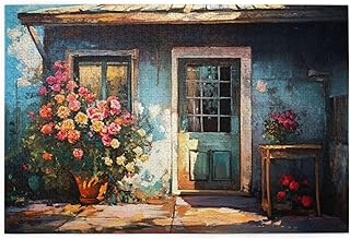 Painted Old Cottage with Climbing Roses&Vibrant Blooms Wooden Puzzles for Adults 1000 Pieces Office Decompression Display for Adult Admirers Rural Styles Fans Gifts to Thanksgiving&Easter