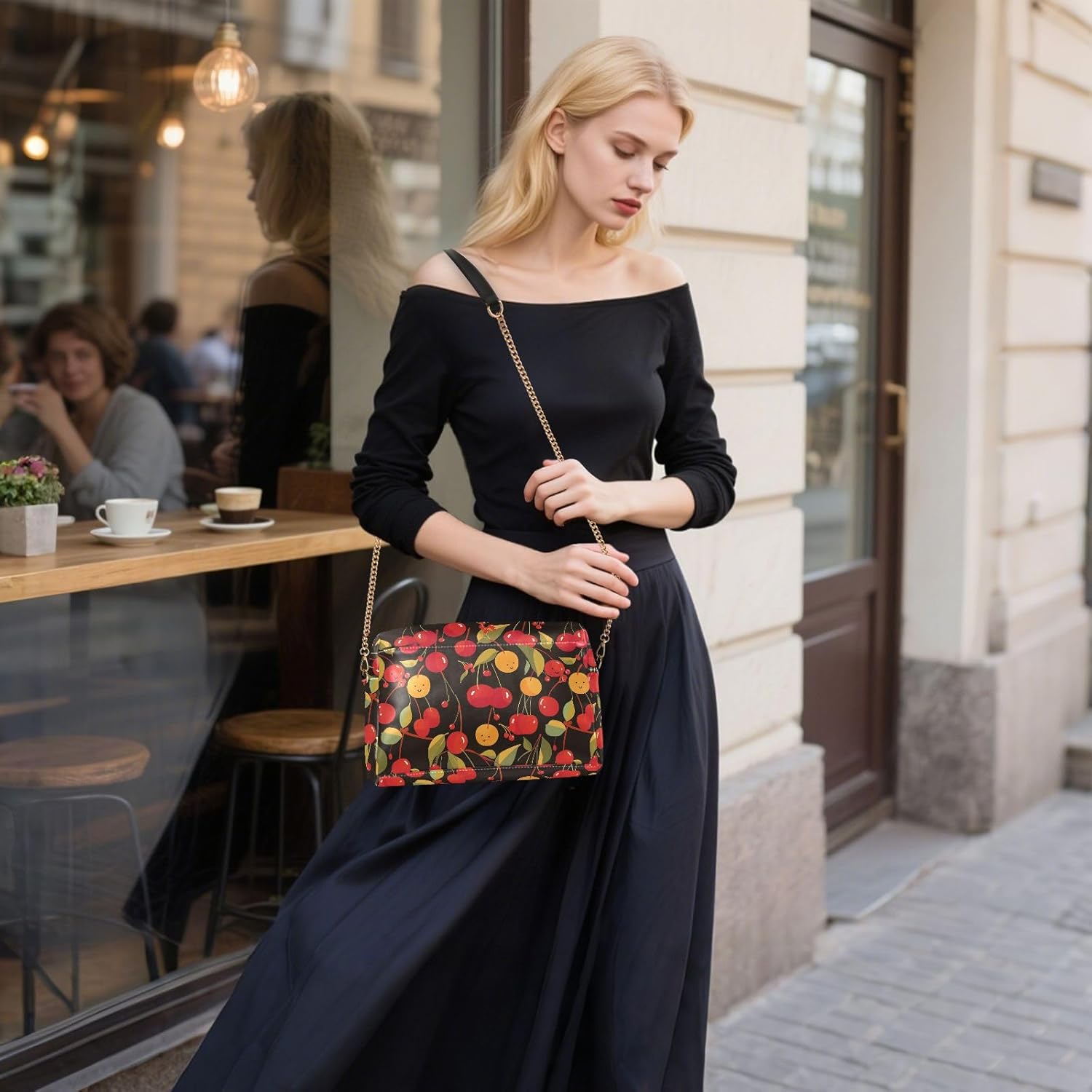 KLL Cartoon Cute Cherry Doodles Art Black Background Fashion Crossbody Small Bags For Women Vegan Leather Purse For Teens Waterproof Shoulder Handbags