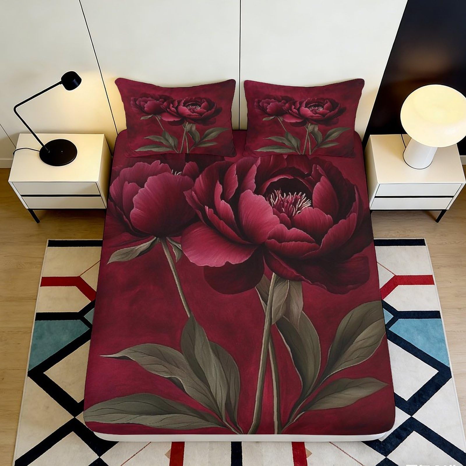 3D Printed Burgundy Peony Fitted Sheet Microfiber Floral Bedroom Bed Cover for Mattress Protection Decor 140x200x25cm
