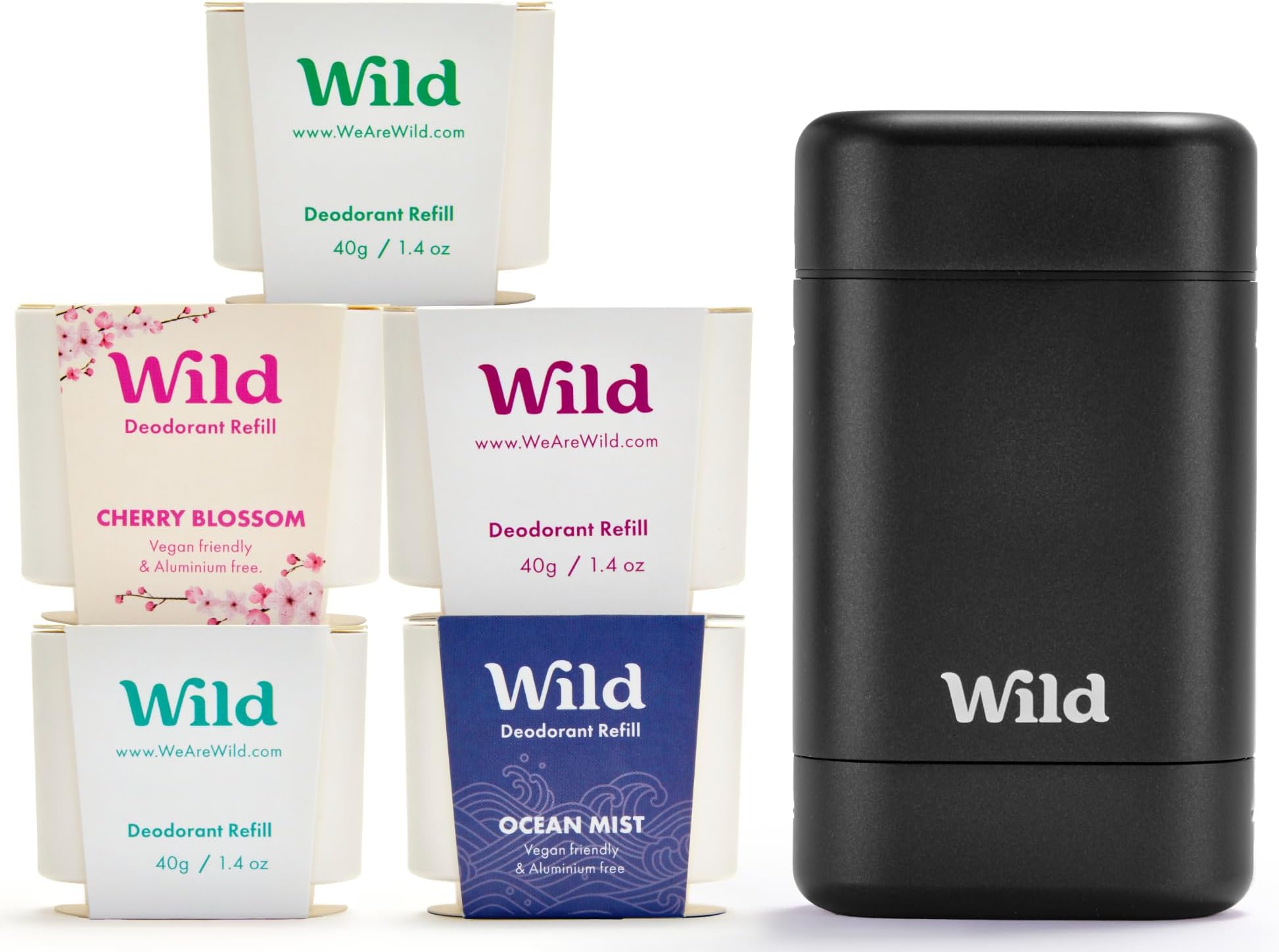 Wild - The Full Monty Aluminum Free Deodorant Starter Kit for Men - Refillable Stick Deodorant with Black Case & Zero Plastic Vegan Refills in a Variety of Scents 5 x 1.4oz - Long Lasting Protection