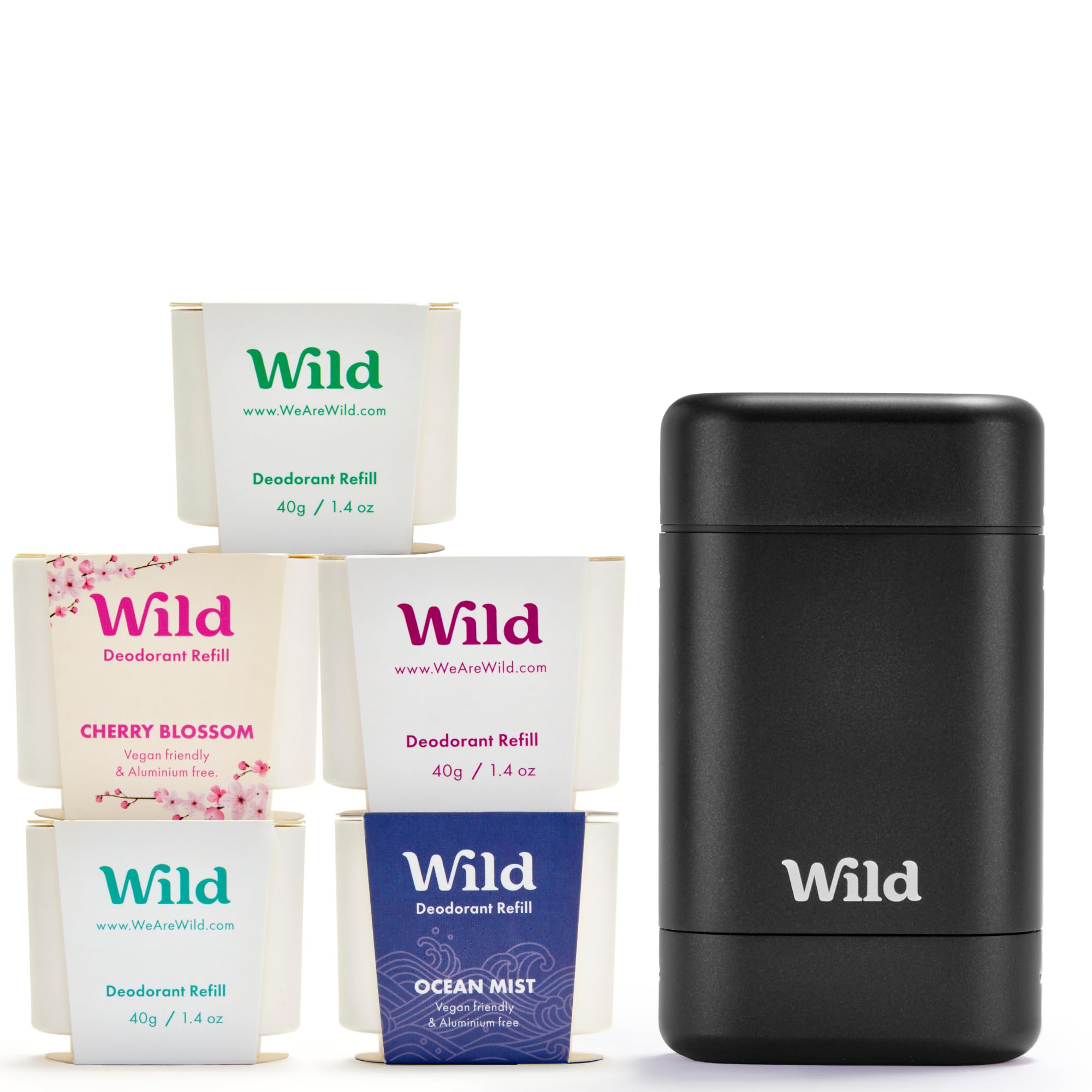 Wild - The Full Monty Aluminum Free Deodorant Starter Kit for Men - Refillable Stick Deodorant with Black Case & Zero Plastic Vegan Refills in a