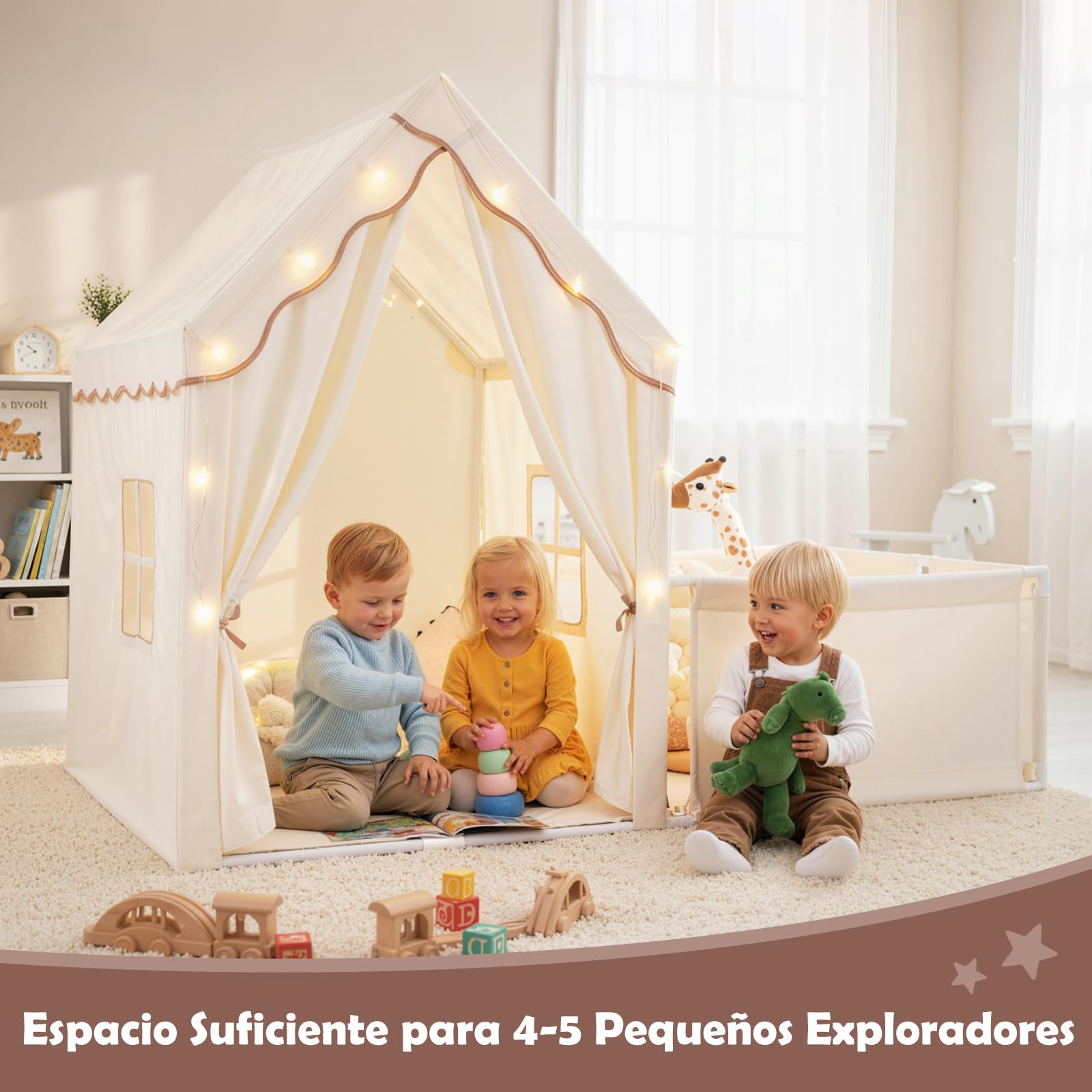 GOPLUS Tienda de Campaña Infantil con Parque, tipi Infantil Interior 2 en 1 con Patio, Luces Estrelladas, Alfombra de Algodón Lavable, Cortinas, Ventanas, Tienda de Juegos para Niños de 3+ Años (Café)