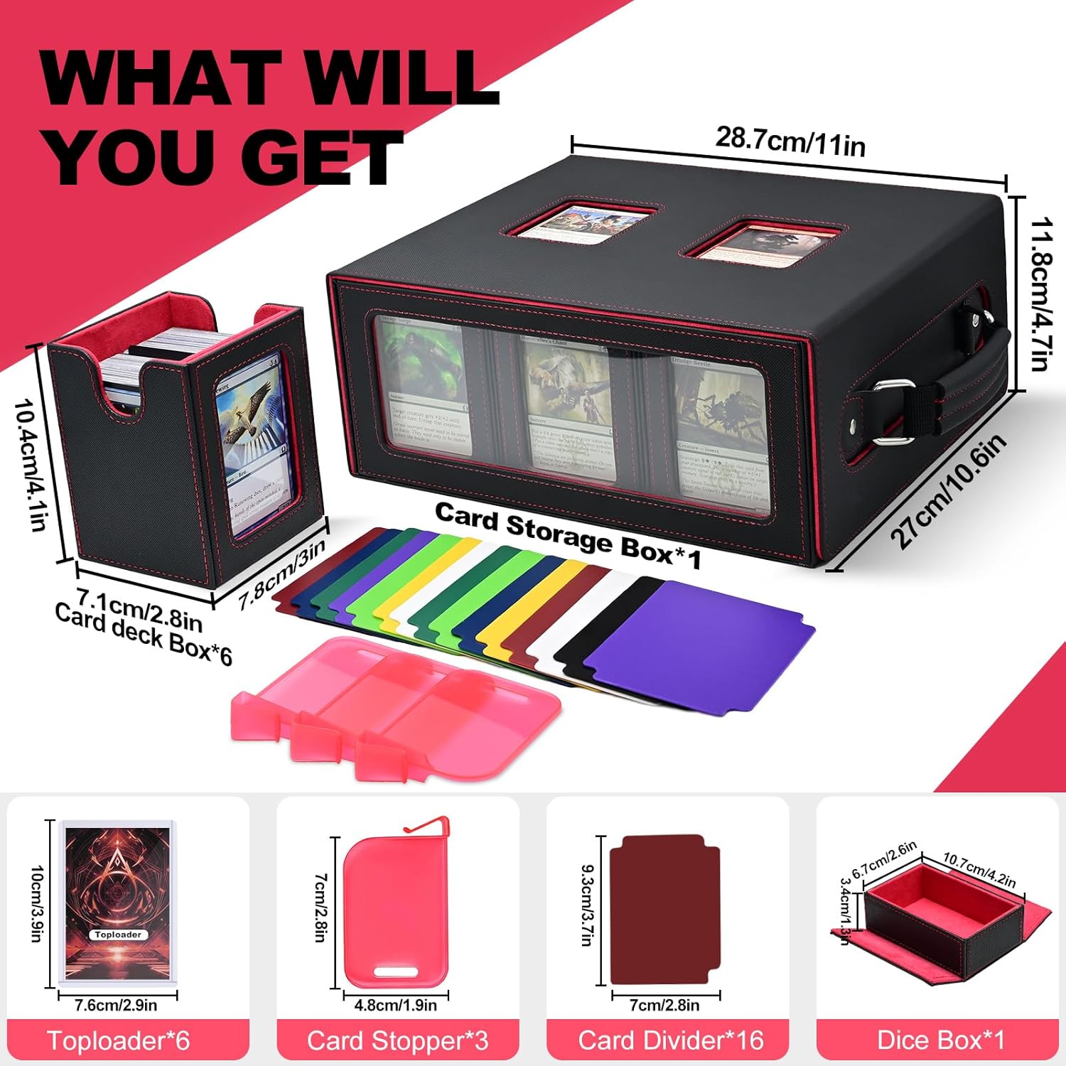 7-in-1 Trading Card Storage Box with Handle, MTG TCG Deck Box with Commander Display Fits 1300+ Sleeved Cards - Includes 6 Toploaders, 3 Stoppers, 16 Colorful Dividers & Dice Box (Black Red)