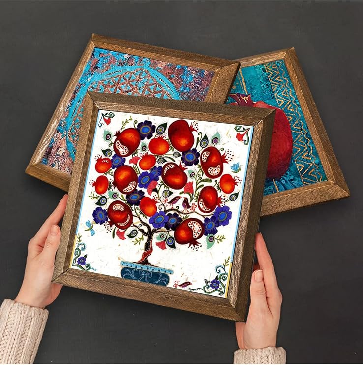 Pinecone Yaşam Çiçeği, Lotus Çiçeği, Nar Ağacı Taş Duvar Tablosu - Ahşap Çerçeveli Taş Tablo - 25x25 cm - 3 Parça Set - Dekoratif Duvar Sanatı - Modern Ev ve Ofis Duvar Dekoru W3-106