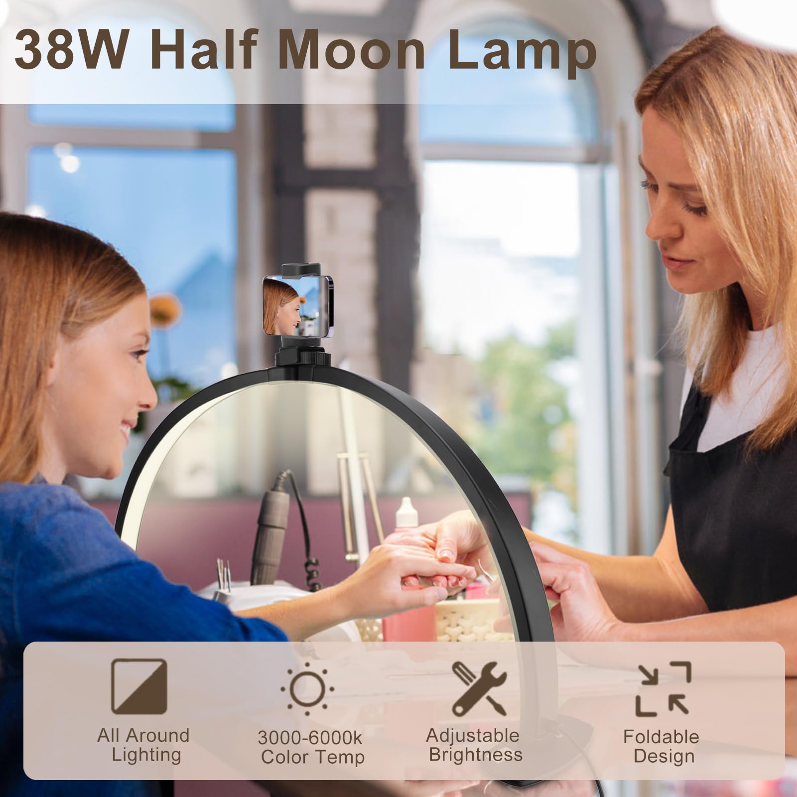 VINGVO Half Moon Lamp, Foldable 3000‑6000k Half Moon Light, Nail Desk Lamp with Phone Holder - Image 2
