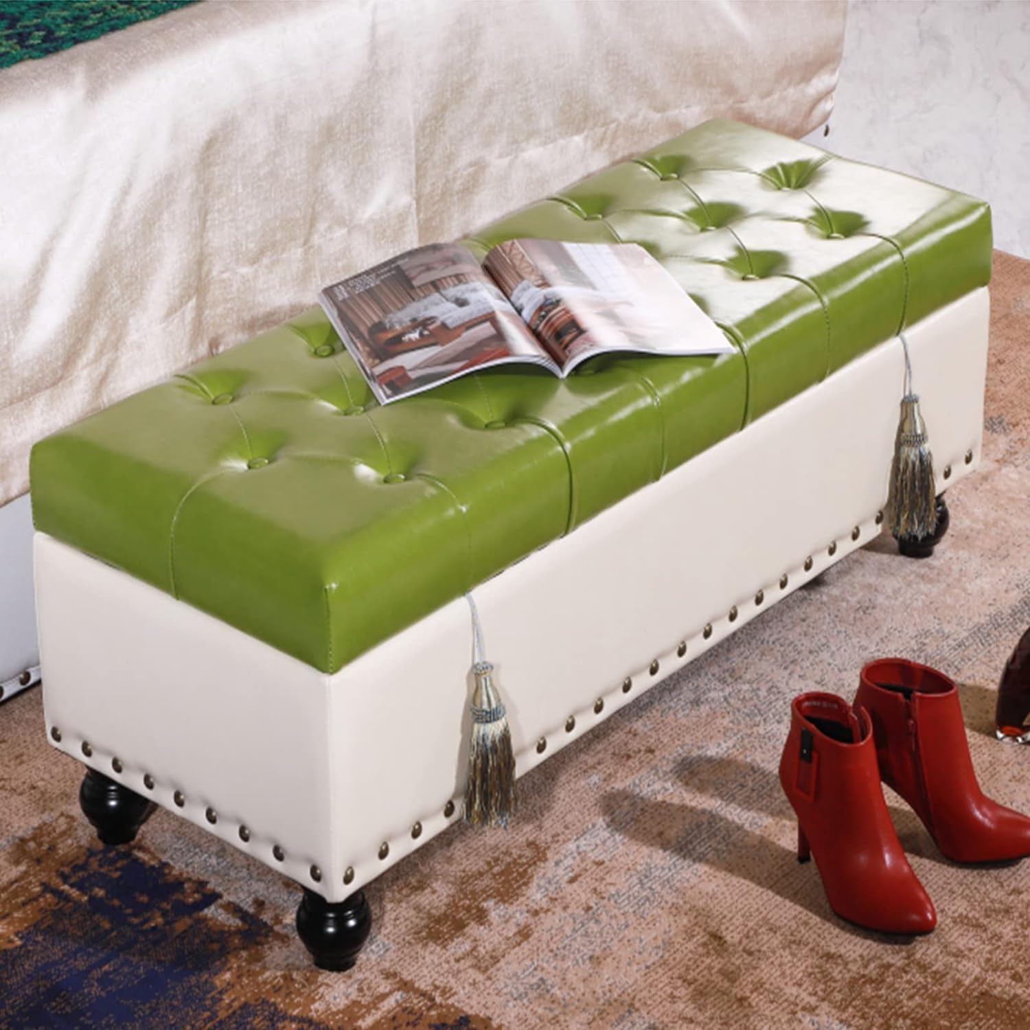 Tabouret Ottoman en cuir vert avec rangement | 100x45x42 cm
