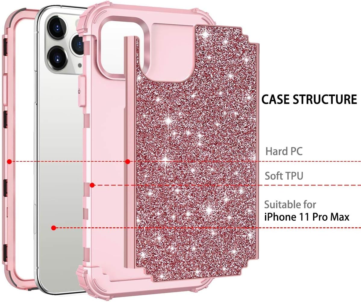 Casetego Compatible with iPhone 11 Pro Max Case,Floral Three Layer Heavy Duty Hybrid Sturdy Shockproof Full Body Protective Cover Case for Apple iPhone 11 Pro Max 6.5 inch,Shiny Rose Gold
