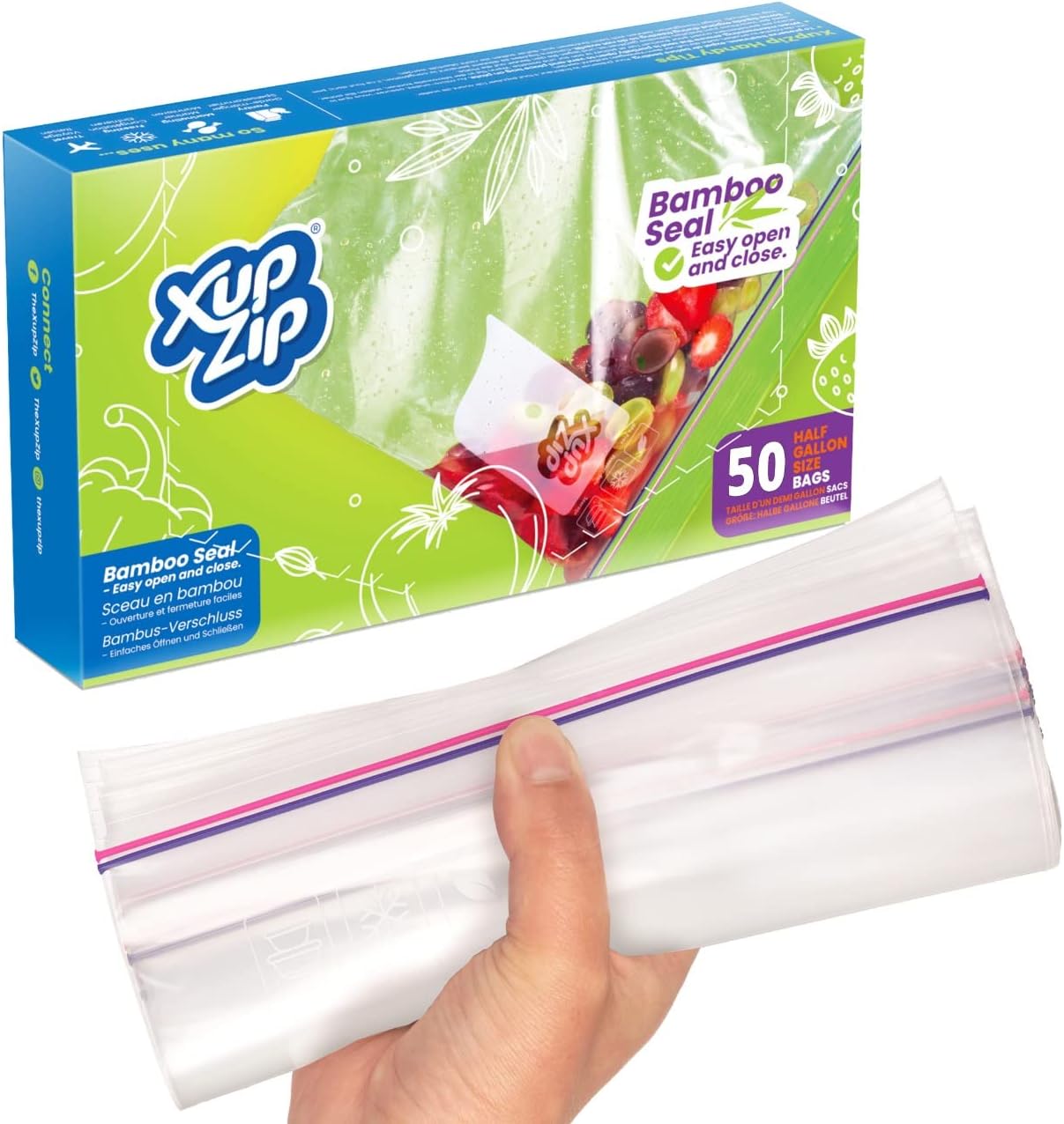 XupZip Medium Reusable Zip Lock Freezer Bags, 50 Pack, 2.27L Airtight Seal