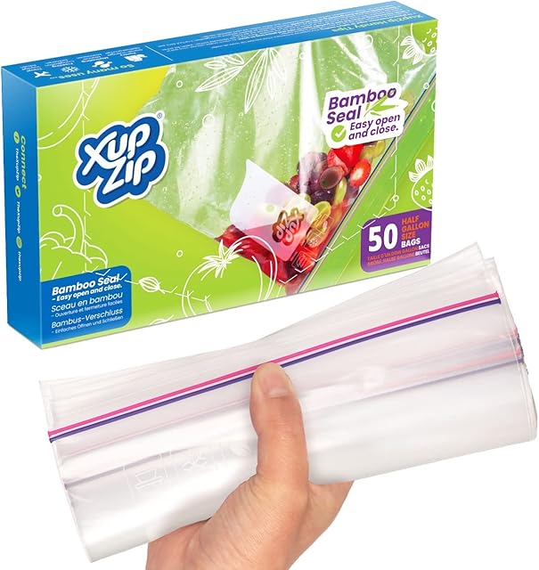 XupZip Freezer Bags  Half Gallon Size (2.27L) Large Bamboo Seal Food Bags  Heavy-Duty Quart Plastic Freezable, Sealable & Easy To Open Food Bags - Hefty, Reusable, BPA-Free Sandwich Bags