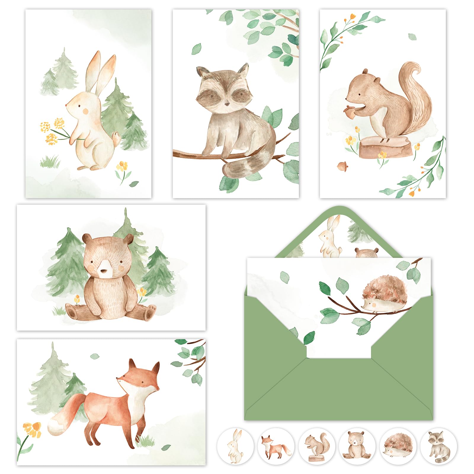 Whaline 30 Pack Woodland Animal Greeting Card Jungle Forest Stationery Card with Envelope Sticker Blank Note Cards for Baby Shower Birthday Party