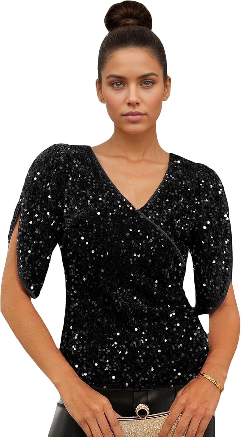 Womens Sequin Tops 3/4 Sleeve Sparkly Tops for Women V Neck Velvet Ruched Sequin Shirt Trendy Tunic Concert Party Club Glitter Top