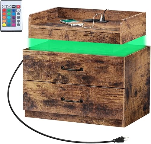 Mesita de noche con estación de carga mesa auxiliar con luces LED mesa auxiliar con 2 cajones y almacenamiento abierto para dormitorio marrón rústico