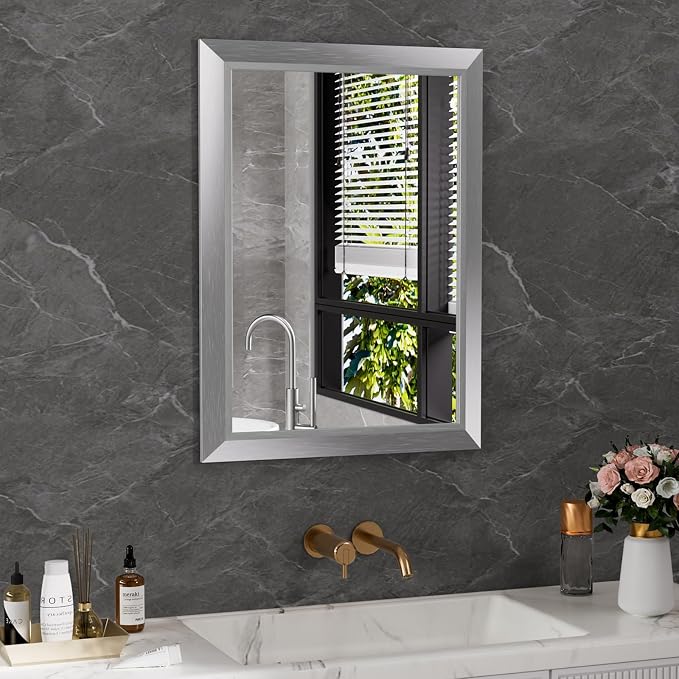 Amorho Framed Bathroom Mirror - 24x36 Inch Silver Frame, Wall-Mounted Vanity Mirror For Bathroom, Bedroom, Entryway