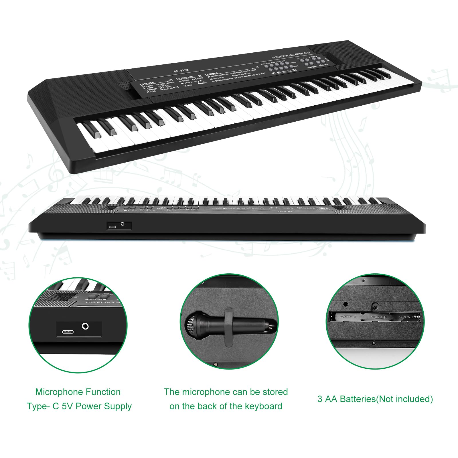 Piano Teclado de 61 Teclas para Niños, Teclado Musical con Micrófono, Piano Electrónico Portátil para la Enseñanza, Juguete Regalo para Principiantes Niños y Niñas de 3 a 12 Años, Altavoces Integrados