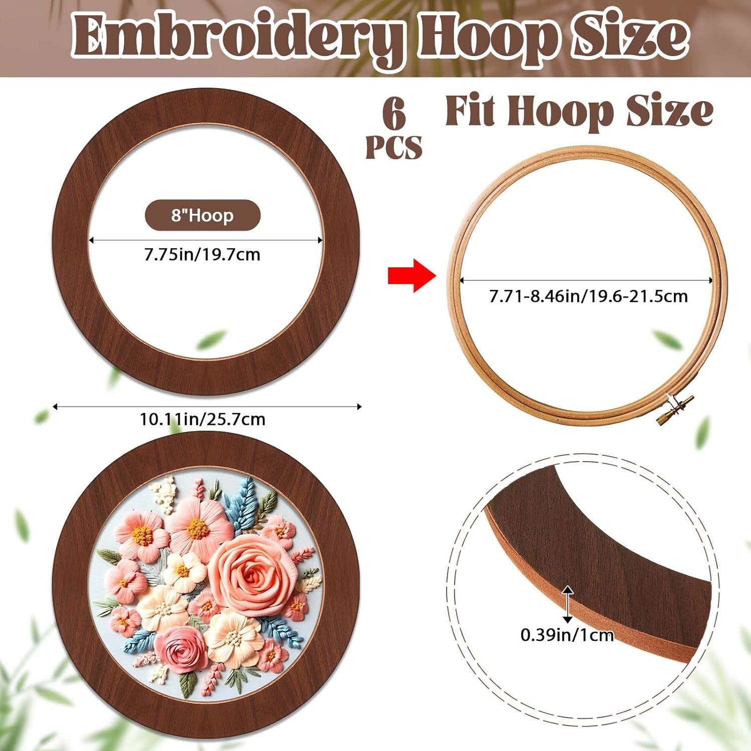 Wenqik 6 Pcs Wood Embroidery Hoop Frame Set 8 Inch Embroidery Hoops Wood Display Frame for Finished Cross Stitch or DIY Art Craft Sewing Ornaments (Without Hoops)(Round)