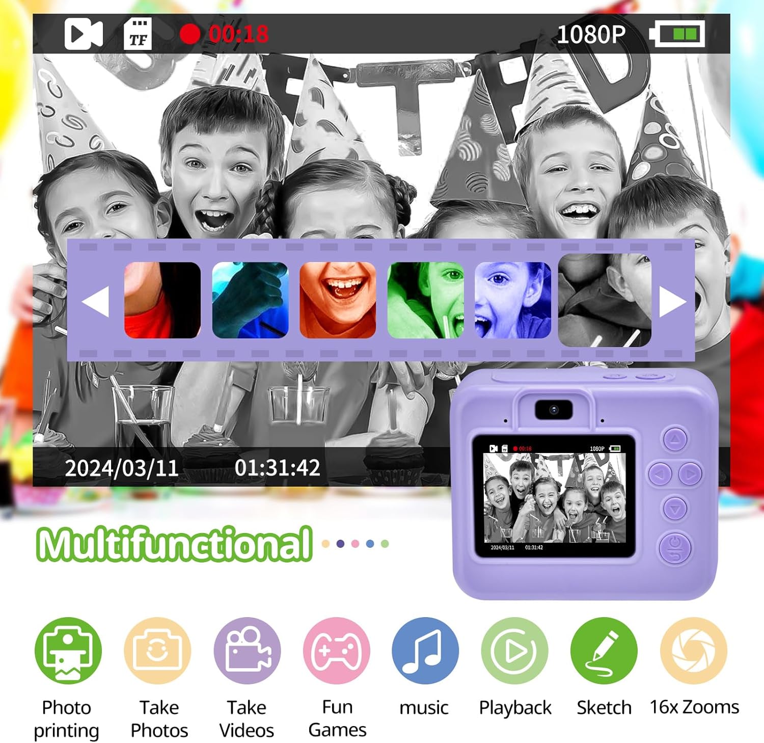 Kids Camera Instant Print Portable Dual-Lens Selfie Camera with Print Paper & 32G Card, Photo 1080P HD Toddler Digital Printing Camera for 4 5 6 7 8 9 10 Years Old Girls Boys, Purple image 2 of 8 B0D9673MW3