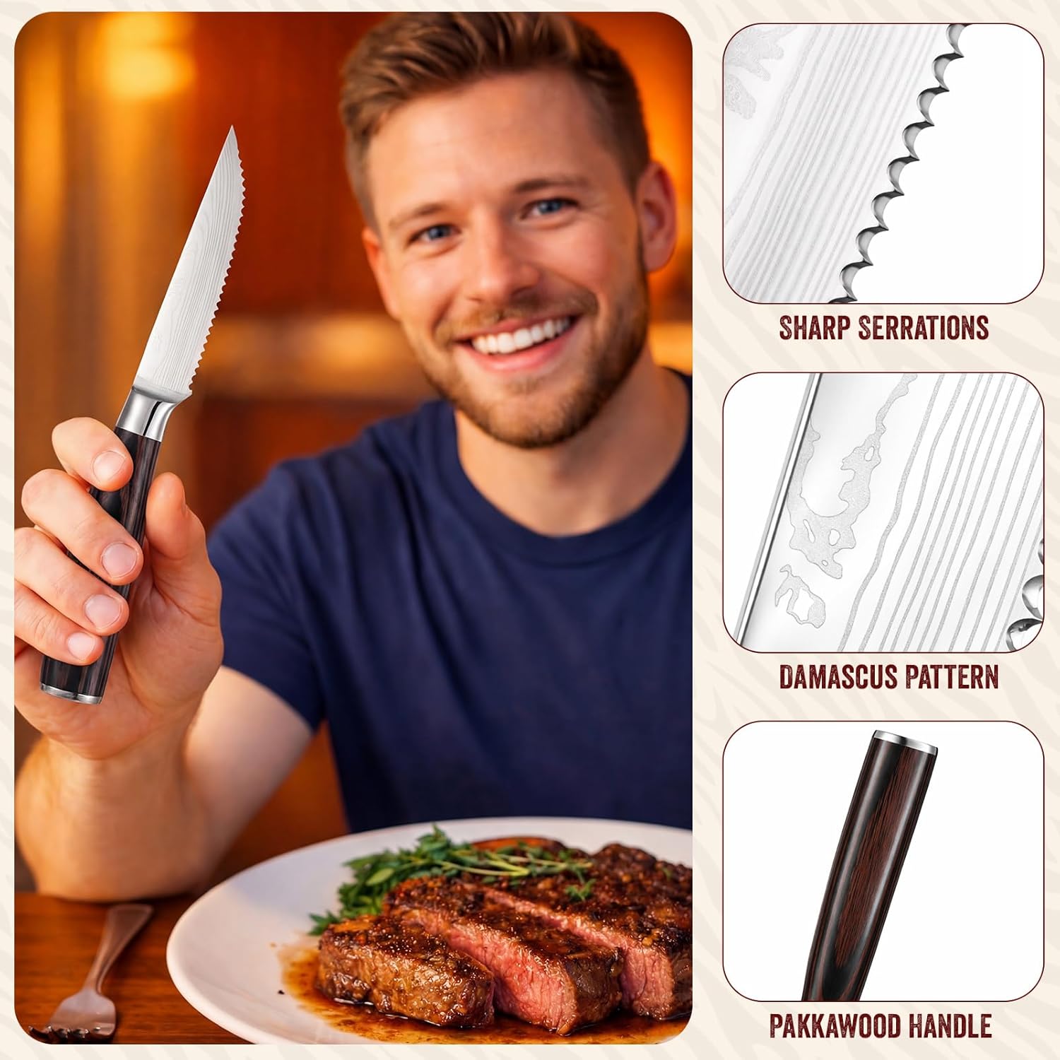 12 Pcs Steak Knife Set 4.3 Inch Serrated Steak Knife with Pakkawood Handle Kitchen Stainless Steel Dinner Knives with Gift Box Home Party Supplies