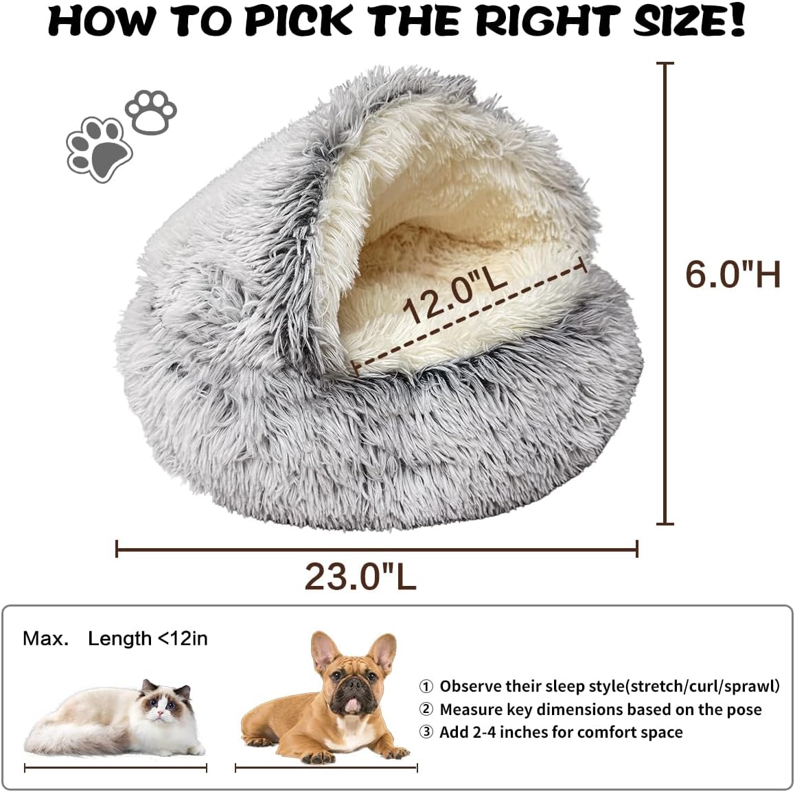 ShinHye Cozy Cat Bed - Round Plush Fluffy Hooded Cave, Indoor/Outdoor, Waterproof & Washable, Calming Anti-Anxiety Design - 23x23 Inch, Grey