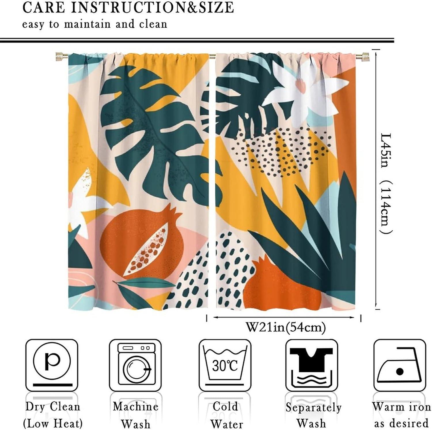 Watercolor Abstract Mid Century Blackout Curtains,Vintage Boho Geometric Floral Leaves Plant Window Curtains Rod Pocket Thermal Insulated Room Darkening Blackout Curtains 2 Panels 45L x 21W