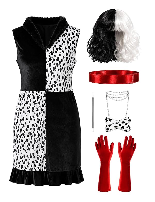 6Pcs Women’s Dalmatian Costume Adult Black White Halloween Outfit with Wig by Riskhero - Used condition - US$29.83