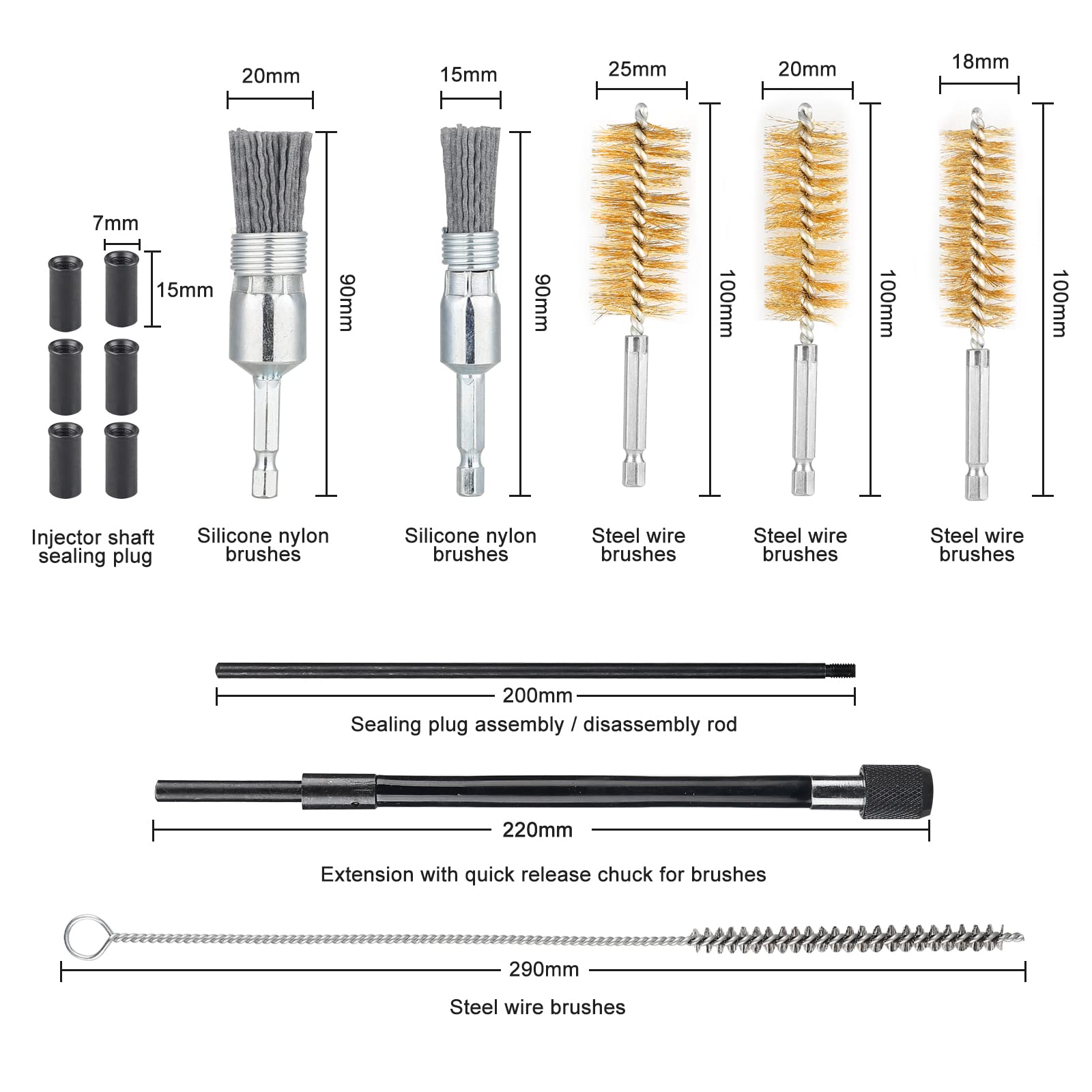 14 PCS Kit de Nettoyage de Compartiment D’injecteur, Kit de Nettoyage pour Injecteur,Nettoyeur de Siège et D'arbre D'injecteur,Outil de Nettoyage des Injecteurs avec Fil D'acier et Brosses en Nylon