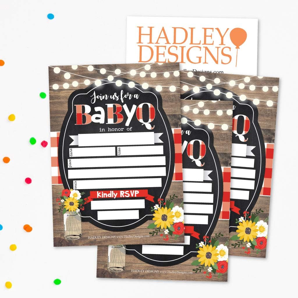 Hadley Designs 25 Baby Shower Invitations, Sprinkle Invite For Boy or Girl, Coed Rustic Barbeque Gender Neutral Reveal, Cute Fill or Write In Blank Printable Card, Country Sunflower Party DIY