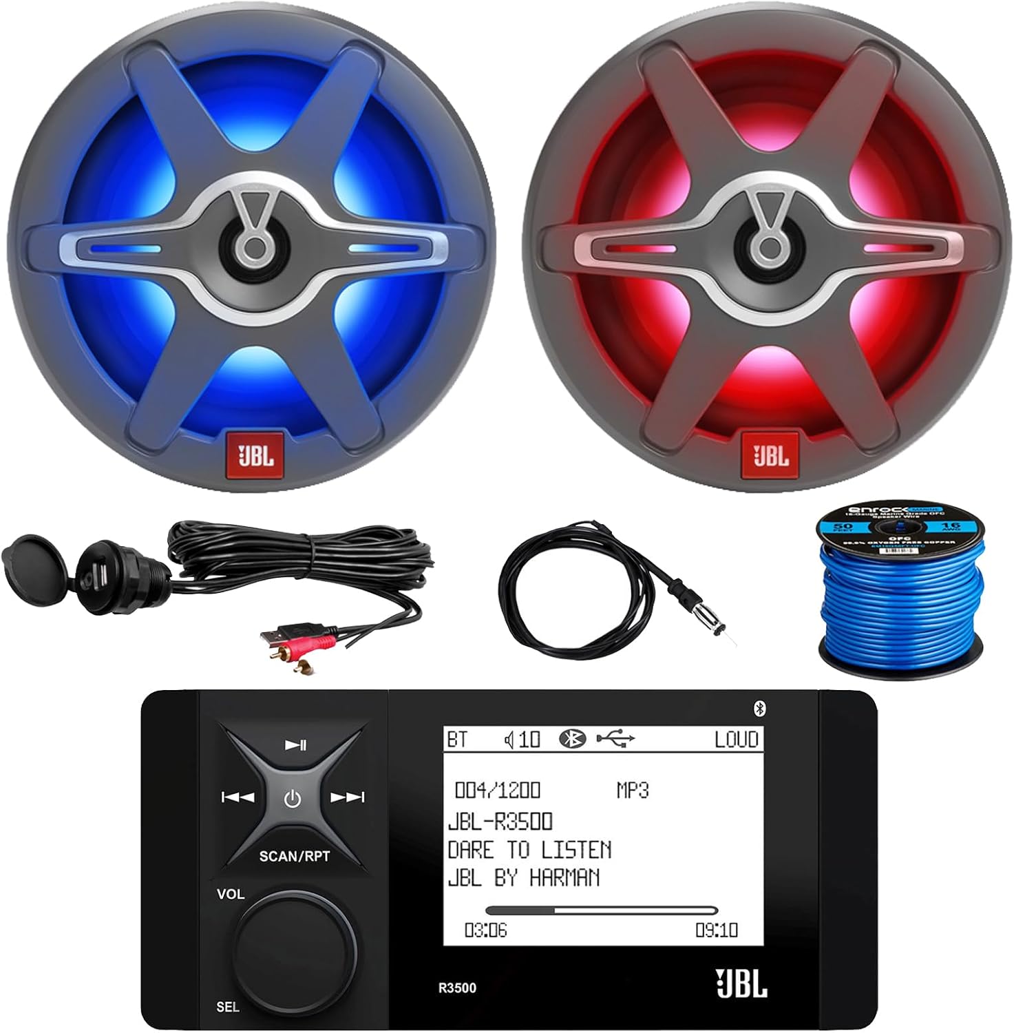 Marine Bluetooth AM/FM Radio Stereo LCD Digital Media Receiver Bundle Combo with 2X 6.5 225W Max Boat RGB LED Speakers, 50 Feet 16-Gauge Speaker Wire, 22" Antenna, USB/AUX Mount - OEM Replacement