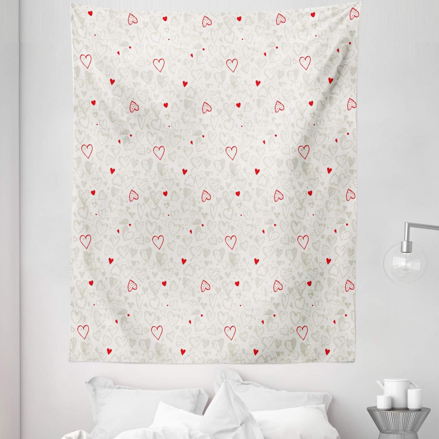 Lunarable Hearts Tapestry, Sketch Style Valentines Day Contrasting Colors Various Motifs Love Theme, Fabric Wall Hanging Decor for Bedroom Living Room Dorm, 30" X 45", Red Pale Grey White