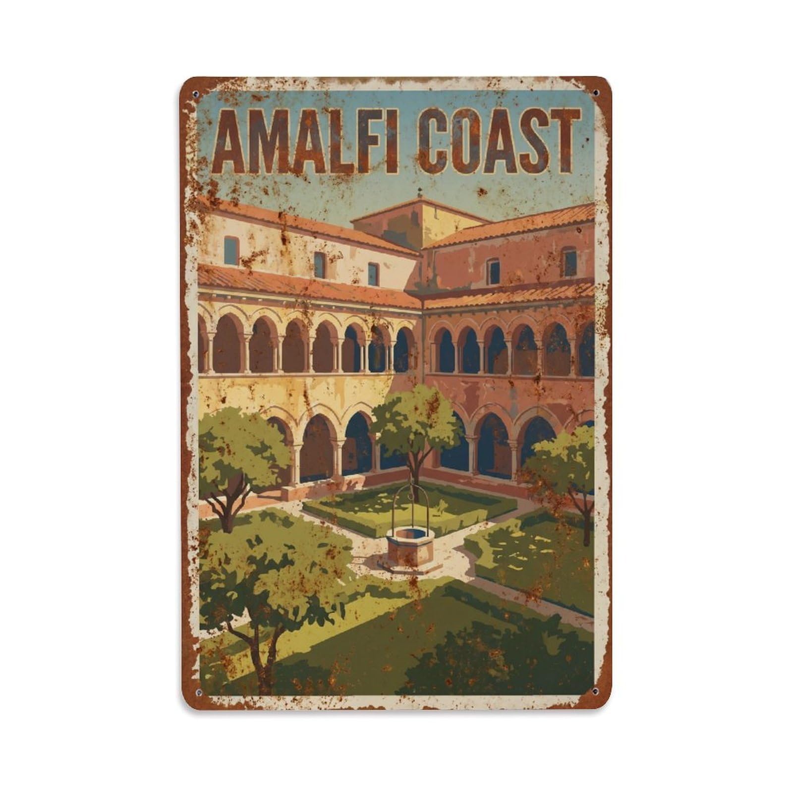 Vintage Travel Cloister Italy Peaceful Metal Tin Sign