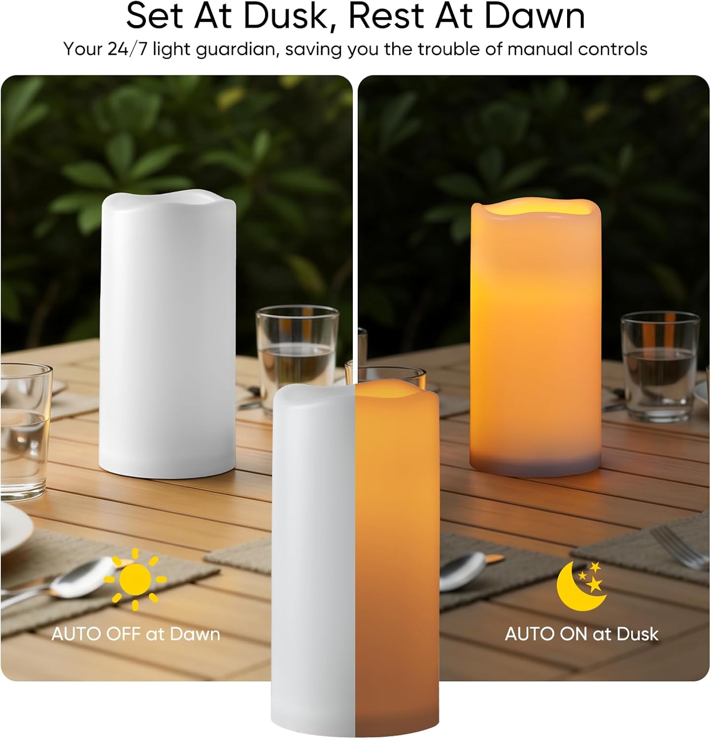 Raycare 3"x5" Outdoor Waterproof Flameless Candles-Auto Light Sensor Dusk to Dawn, 2Pcs Flickering LED Candle, Battery Operated Electric Fake Pillar Candle for Garden, Porch, Patio, Lantern Decor