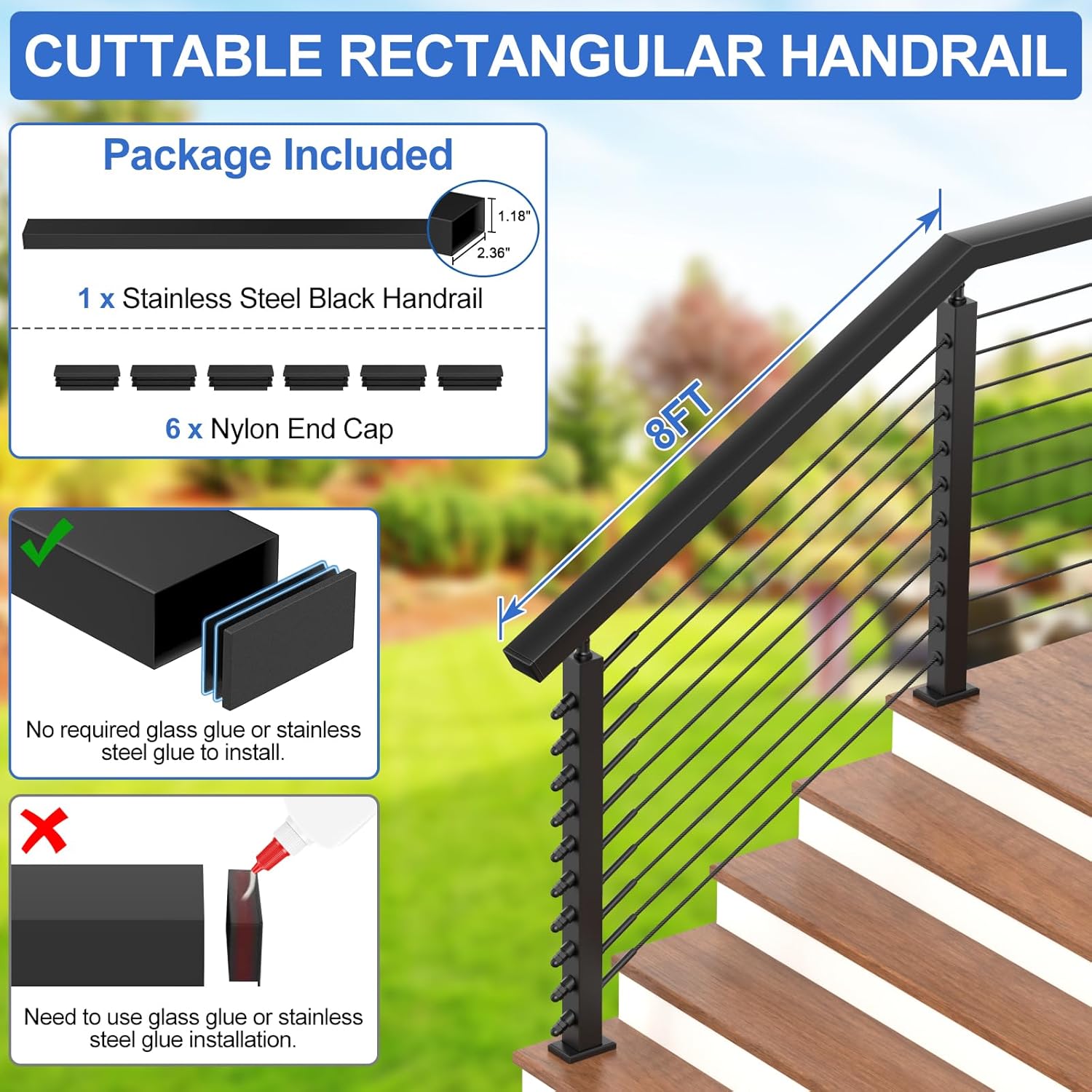 8FT Stainless Steel Cable Railing Handrail, Black Rectangular Handrail for Indoor Outdoor Deck Stair Cable Railing System, Length Adjustable Flat Top Rail with Nylon End Caps, MY01