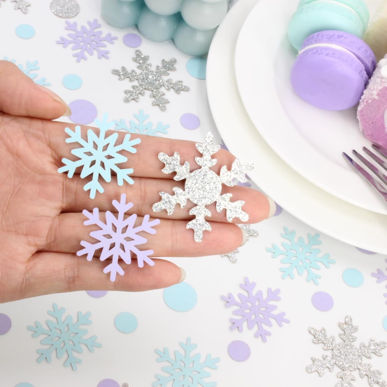 Snowflake Confetti, 300 PCS Snow Confetti for Winter Wonderland Party Decorations, Purple Blue and Silver Snowflake Winter Wonderland Decorations
