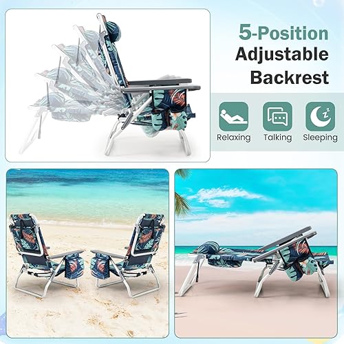 Miniatura 4 de Giantex Silla de playa plegable, sillas de patio con 5 posiciones ajustables, almohada para la cabeza, bolsa de almacenamiento, toallero,