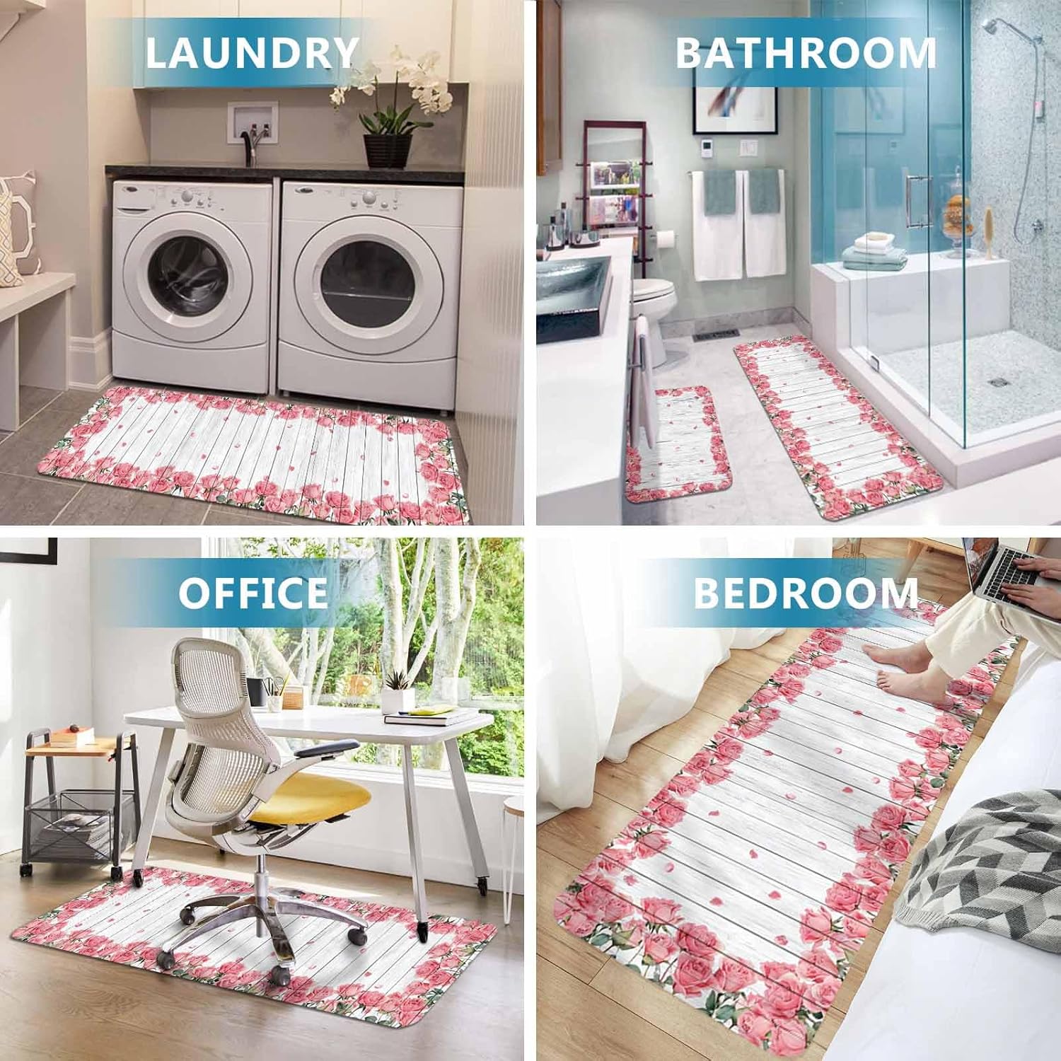 Farmhouse Flower Kitchen Mat Set 2 Pieces Pink Rose Wreath Rustic Country White Wood Grain Non Slip Kitchen Rugs Washable Runner Rug Mats for Floor Sink Laundry Office 19.7" x 31.5"+19.7" x 47.2"