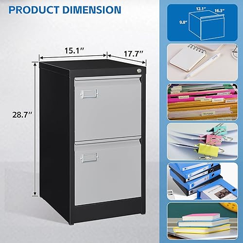 Miniatura 42 de Archivador vertical de 2 cajones con cerradura de metal, archivador vertical de metal, para oficina y hogar, archivadores verticales de acero