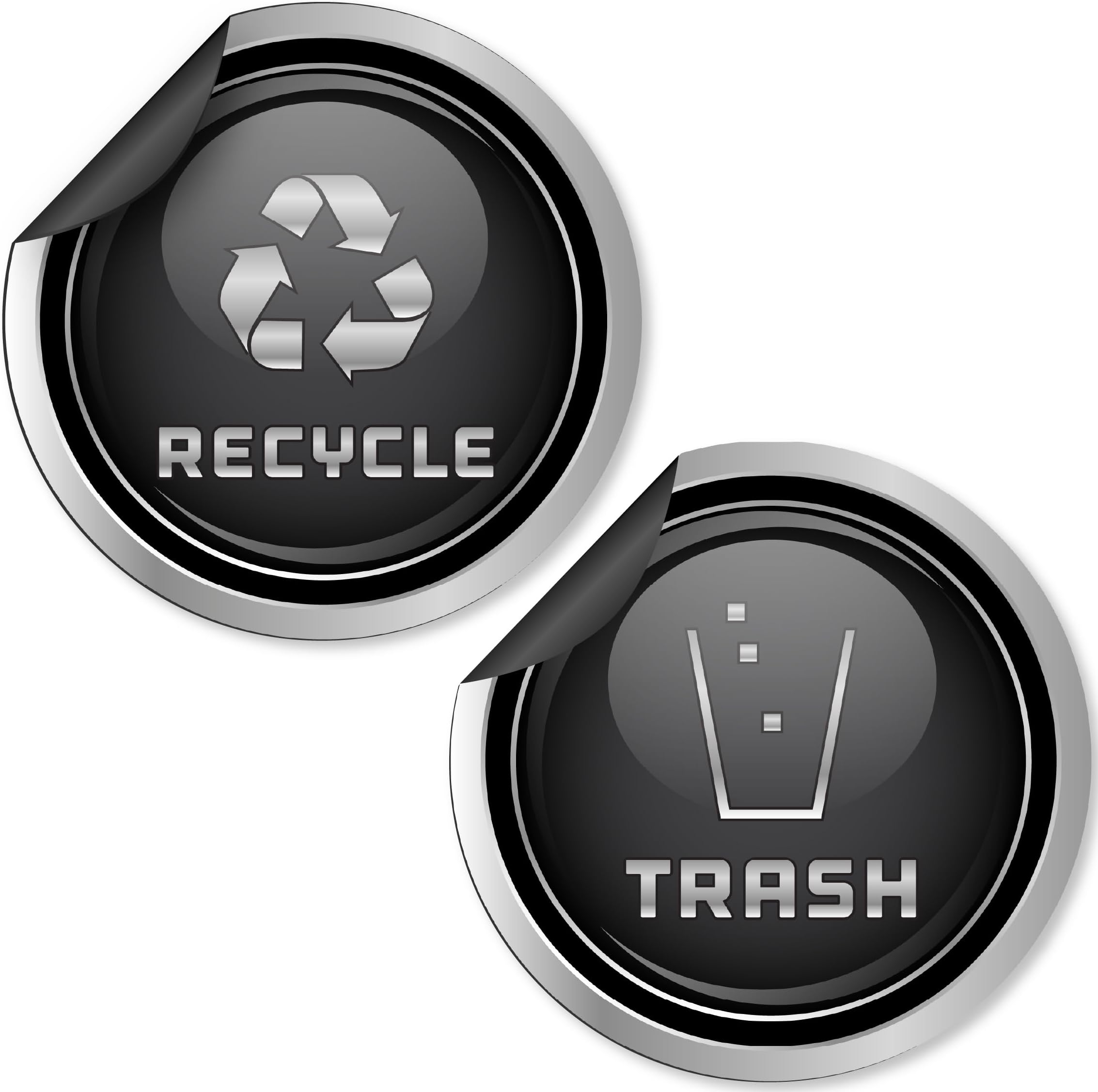 Trash and Recycle Magnets for Kitchen Cans and Recycling Bins, Dual Trash and Recycle Magnet for Garbage Cans, 4 Silver Round Magnetic Sticker, 2.75 x 2.75 Inch Home Outdoor Waste Bin