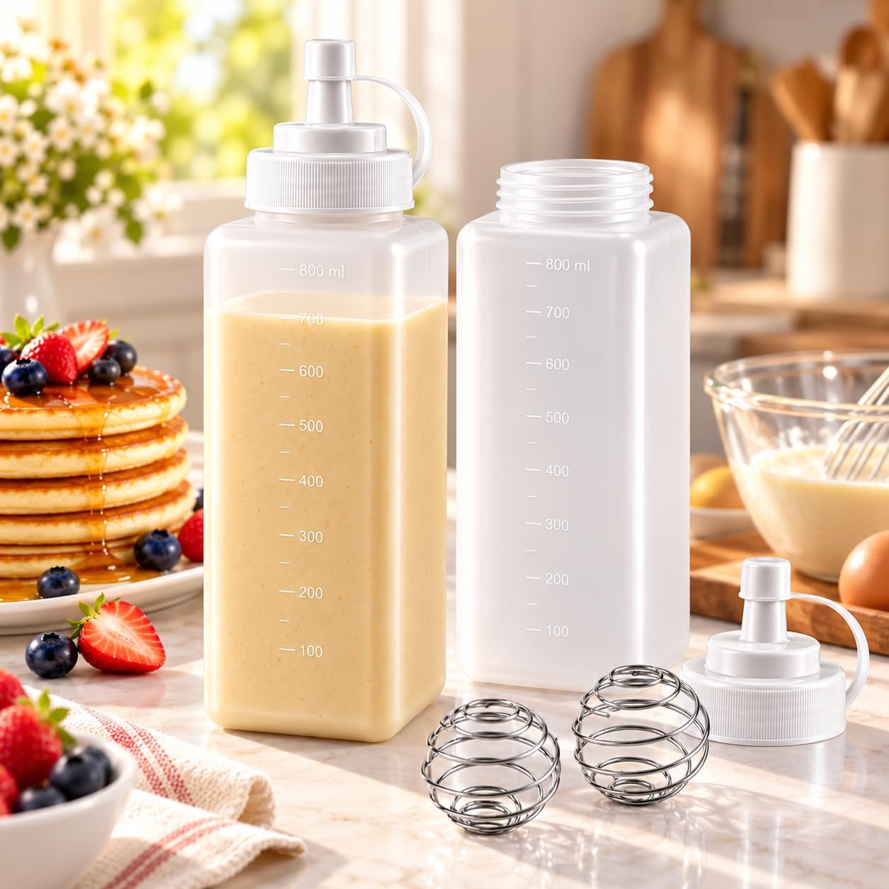 2 Pack Pancake Batter Dispenser with Whisk Balls, 27 fl oz Each