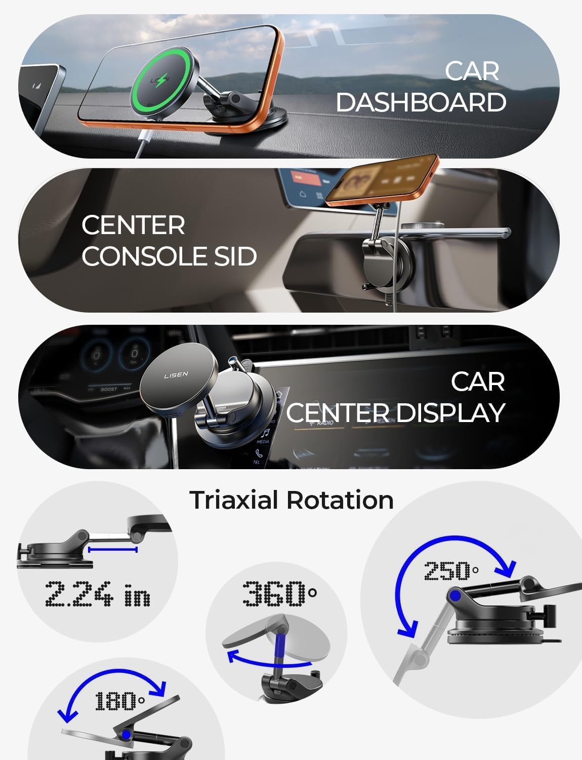 LISEN for 15W Magsafe Car Mount Charger, [Carbon Fiber] 360° Magnetic Wireless Car Charger, Suction Car Phone Mount for Car Accessories for Men, Car Phone Holder for iPhone 17 Pro Max 16 15 14 13 12
